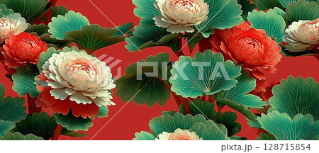 Vibrant Abstract Floral Seamless Background with Lush Green Leaves 128715854