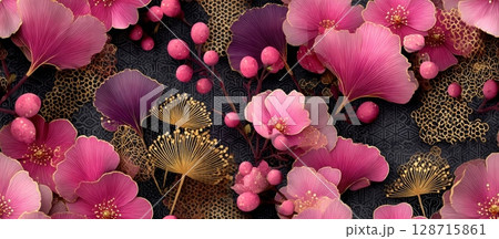 Elegant Japanese Style Seamless Vector Pattern with Pink Flowers Elegant Japanese Style Seamless Vector Pattern with Pink Flowers 128715861