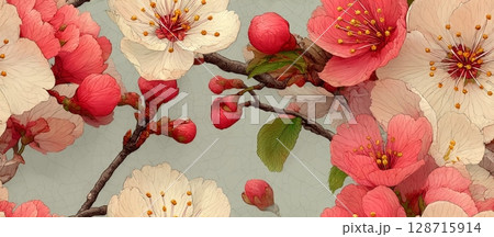 Japanese Floral Vector Background with Cherry Blossom Design 128715914