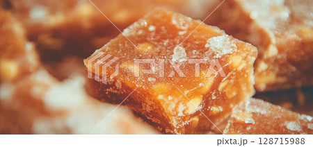 Peanut brittle features a crunchy texture and sweet, nutty flavor, perfect for snacking. 128715988
