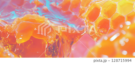 Honeycomb glistens under light, with honey dripping and reflecting glimmers of golden sweetness. 128715994