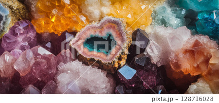 Delicious geode rock candy features colorful crystalline shapes and sugary textures. 128716028