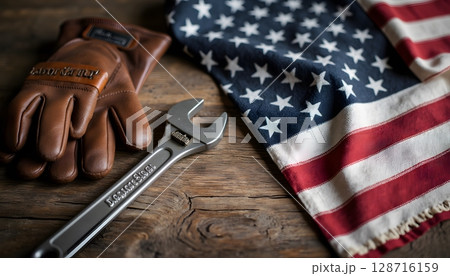 American Flag, Wrench, and Leather Gloves on Wooden Table with Rustic Background 128716159
