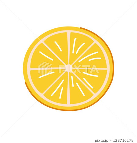 Yellow lemon slice in flat style on white background. Ideal for food packaging, citrus design, healthy drink summer recipe and fresh organic fruit illustration. 128716179
