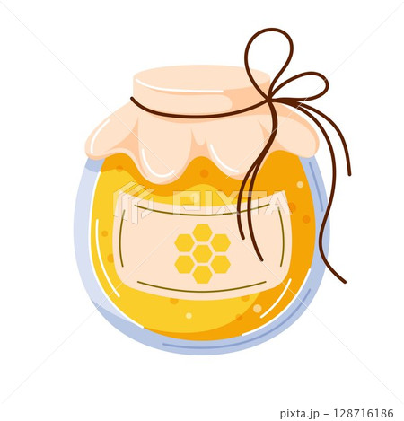 Jar with honey in cartoon style isolated on a white background. 128716186