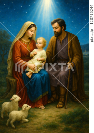 Nativity scene of the Holy Family with Baby Jesus under divine light on Christmas night 128716244