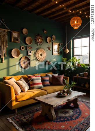 Cozy Living Room with Bohemian Decor and Natural Light from Window in Modern Home Setting 128716351