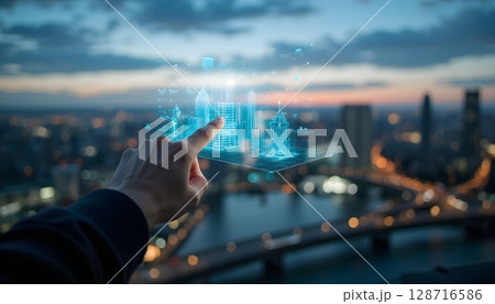 Futuristic Urban Landscape with Digital Interface at Dusk Overlooked from High Viewpoint 128716586