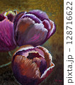 Tulips in handmade oil painting. Closeup of blooming parrot tulips painted in rich purples, reds, oranges on textured canvas. Concept of floral elegance, natural beauty, springtime vibrancy 128716622