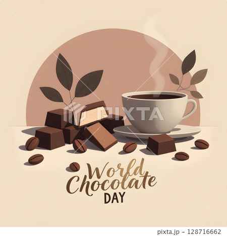 Celebration of World Chocolate Day with Coffee, Chocolate Cubes, and Coffee Beans in Minimalist Style 128716662