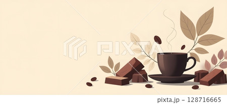 Elegant Coffee Composition with Chocolate, Leaves, and Warm Tones in Minimalist Style 128716665