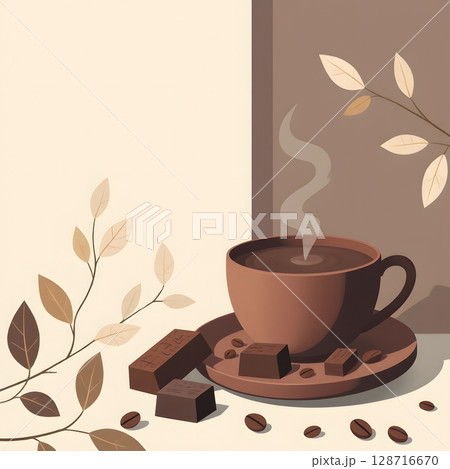 Cozy coffee cup with steam surrounded by natural elements and coffee beans on a neutral background Cozy coffee cup with steam surrounded by natural elements and coffee beans on a neutral background 128716670