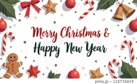 Festive Holiday Greeting Card Design with Christmas Decorations and New Year Wishes 128716829