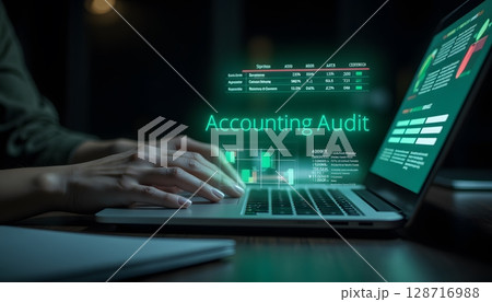 Hands on Laptop During Night Time Accounting Audit with Digital Data Visualizations Display Hands on Laptop During Night Time Accounting Audit with Digital Data Visualizations Display 128716988