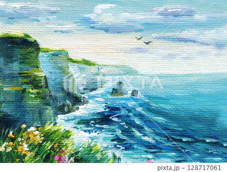 Seaside cliffs with wildflowers and waves under blue sky acrylic coastal landscape painting summer ocean view art 128717061