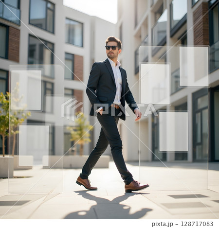 Stylish businessman walking confidently in modern architectural urban setting with glass panels Stylish businessman walking confidently in modern architectural urban setting with glass panels 128717083