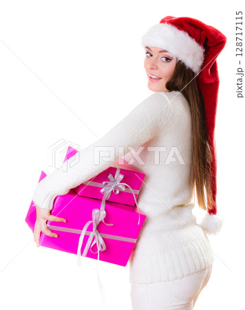 Woman santa helper hat with many pink gift boxes Woman santa helper hat with many pink gift boxes 128717115