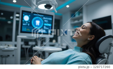 Relaxing Dental Patient Smiling in Modern Clinic with Advanced Technology Display 128717260