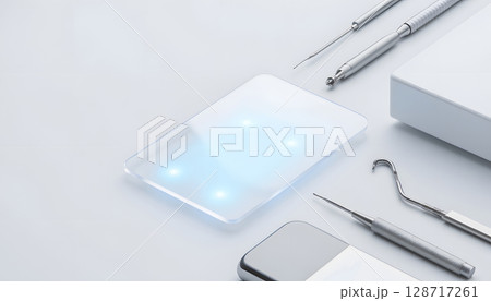 Modern Dental Tools and Technology on Clean White Surface with Soft Lighting and Illumination 128717261