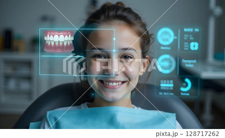 Young Girl with Digital Dental Visualization and Smiling Face at the Dentist Office 128717262