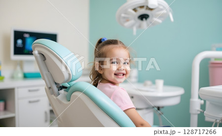 Cheerful Girl Smiling in Dental Chair at Bright Pediatric Dentist Office Setting 128717266
