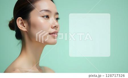 Close-Up Portrait of a Woman with Natural Skin on a Soft Green Background with Blank Space 128717326