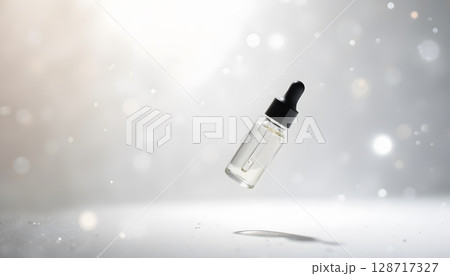 Transparent dropper bottle with liquid floating in soft light against a shimmering background 128717327