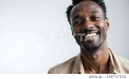 Smiling African American Man in Casual Shirt with Bright Smile and Positive Vibes for Stock 128717329