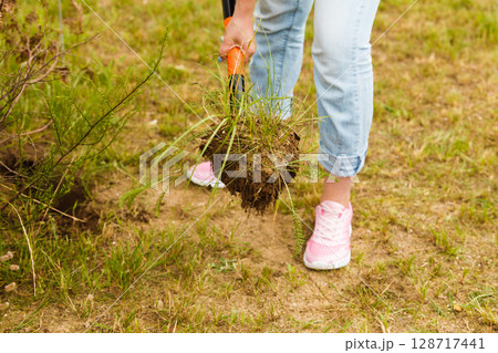 Woman digging hole in garden 128717441