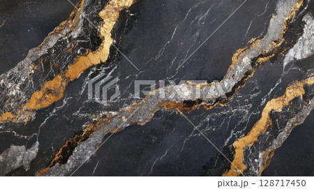 Gold dust and dark stone waves in abstract background, luxurious natural texture with highlights 128717450