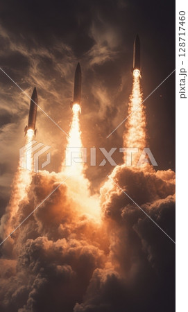 Three powerful rockets launch through dramatic clouds, leaving glowing trails in atmospheric sky 128717460