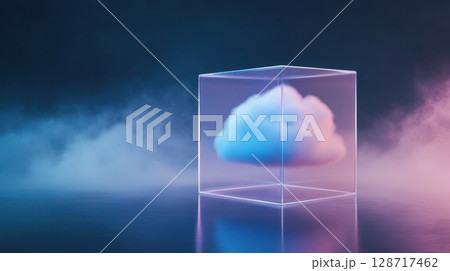 Colorful isolated cloud enclosed in clear cube, surreal fantasy scene with lighting and shadows 128717462