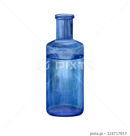 Watercolor painting of glass blue water bottle. Good for postcards, invitations, greeting cards, menu. Watercolor painting of glass blue water bottle. Good for postcards, invitations, greeting cards, menu. 128717657
