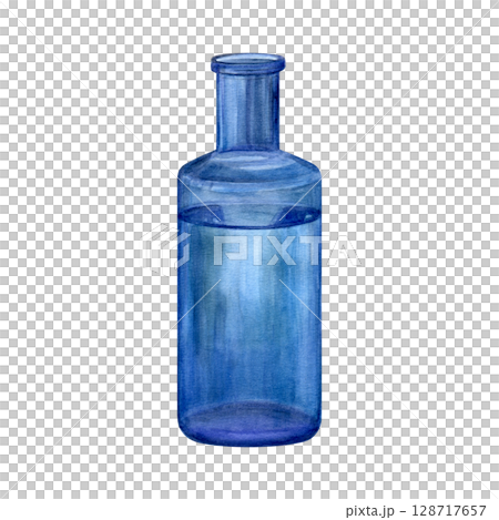 Watercolor painting of glass blue water bottle. Good for postcards, invitations, greeting cards, menu. Watercolor painting of glass blue water bottle. Good for postcards, invitations, greeting cards, menu. 128717657
