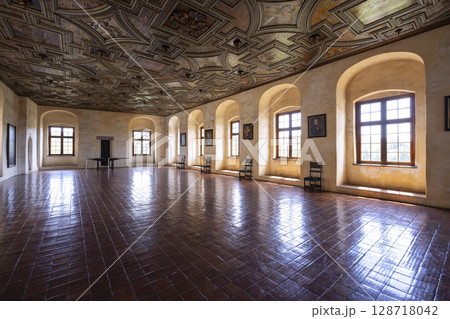 Knights' Hall of Svihov water castle featuring renaissance painted ceiling with geometric patterns and portraits on the walls 128718042