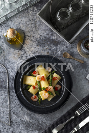 Gourmet Pasta Dish with Shrimp and Asparagus 128718232