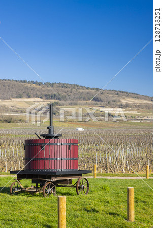 Historic Wine Press in Puligny Montrachet Vineyard Landscape 128718251