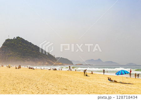 Tropical Copacabana Leme Beach Parasols People Rio de Janeiro Brazil. 128718434