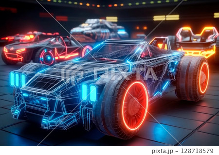 Futuristic automobile design featuring realistic skeleton drawing in neon wireframe style with vibrant colors Futuristic automobile design featuring realistic skeleton drawing in neon wireframe style with vibrant colors 128718579