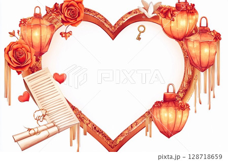 Decorative heart-shaped frame with roses and love-themed accents for romantic events 128718659