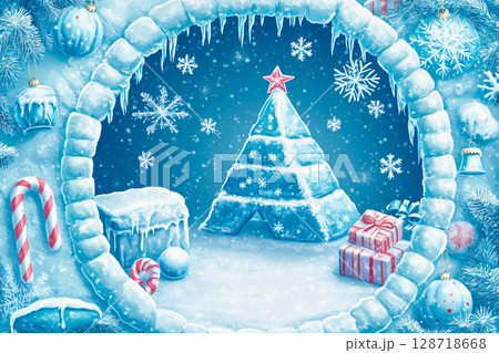 Explore the wonders of winter within an arctic circular frame featuring an icy igloo and festive decorations 128718668