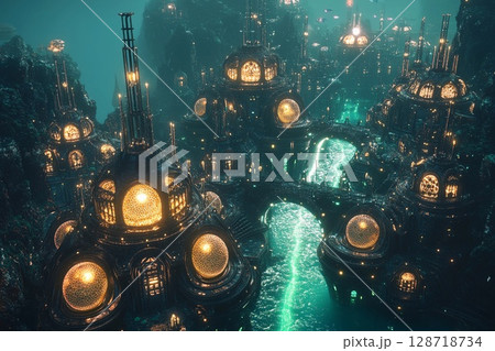 Symmetrical underwater city features bubble-like domes and illuminated pathways creating a serene aquatic environment 128718734
