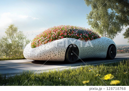 Unique seed pod car design featuring vibrant flowers during a sunny day in a lush landscape 128718768
