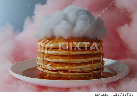 Pancake tower reaches the clouds with golden syrup cascading down its fluffy layers 128718816