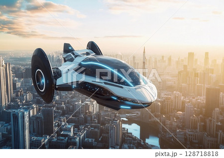Futuristic vehicle soars above a vibrant city skyline during sunset with bright lights illuminating the surroundings 128718818