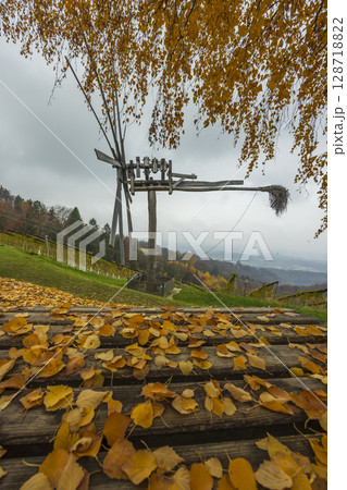 Yellow autumn leaves lying on wooden planks with vineyard and klapotetz in background in Austria Yellow autumn leaves lying on wooden planks with vineyard and klapotetz in background in Austria 128718822