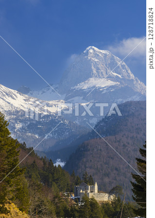 Fort kluze illuminating under mount rombon in bovec, slovenia Fort kluze illuminating under mount rombon in bovec, slovenia 128718824