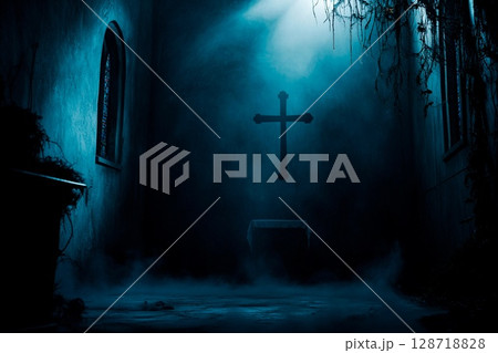Night shrouded antique church with cross surrounded by thick fog creates an eerie atmosphere Night shrouded antique church with cross surrounded by thick fog creates an eerie atmosphere 128718828