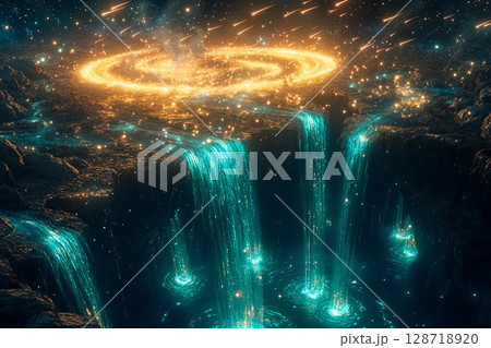 Cosmic landscape where shooting stars cascade into a vibrant galaxy under a starlit sky Cosmic landscape where shooting stars cascade into a vibrant galaxy under a starlit sky 128718920