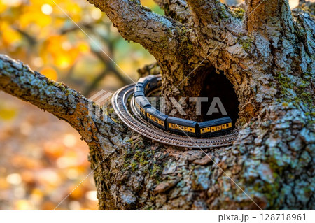 Tiny model train travels through a tree, creating a whimsical forest journey in natural light 128718961